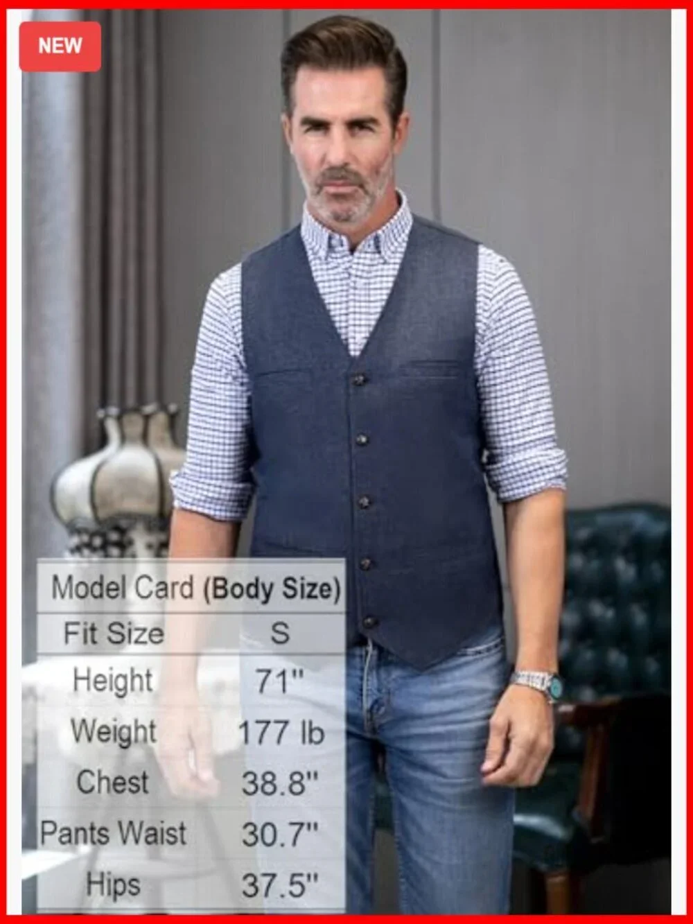 Men's Slim Fit Wool Tweed Vest, V-Neck, 5 Button, Pockets